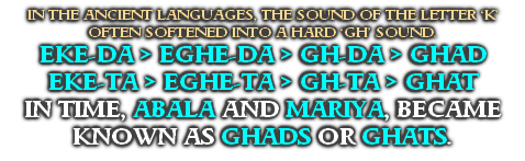 IN THE ANCIENT LANGUAGES, THE SOUND OF THE LETTER ‘K’
OFTEN SOFTENED INTO A HARD ‘GH’ SOUND.
EKE-DA > EGHE-DA > GH-DA > GHAD
EKE-TA > EGHE-TA > GH-TA > GHAT
IN TIME, ABALA AND MARIYA, BECAME 
KNOWN AS GHADS OR GHATS.