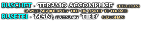 BUSCHET - ‘TERAMO ACCOMPLICE’  (ETRUSCAN) 
(A SPIRIT SIGNIFICANTLY ‘TIED’ OR ‘LINKED’ TO TERAMO)
BUSETEI - ‘MAN’; SECONDARY ‘TIED’  (UDUGHAN)
