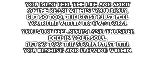 YOU MUST FEEL THE LIFE AND SPIRIT 
OF THE BEAST WITHIN YOUR BODY,
BUT SO TOO, THE BEAST MUST FEEL
YOUR FIRE WITHIN ITS OWN FORM.

YOU MUST FEEL STORM AND THUNDER
DEEP IN YOUR SOUL,
BUT SO TOO THE STORM MUST FEEL
YOU RUSHING AND FLOWING WITHIN.